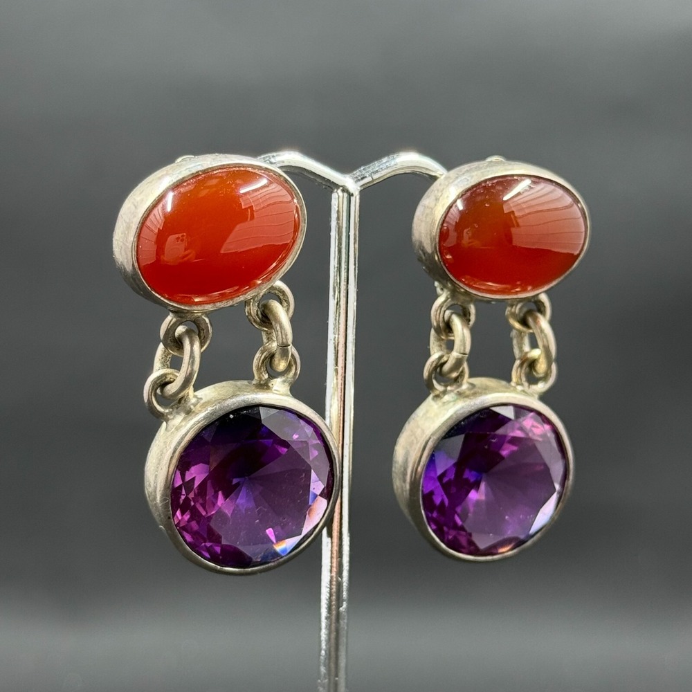 Sterling Silver 2" Artisan‎ Clip-On Earrings with Carnelian & Amethyst – Signed